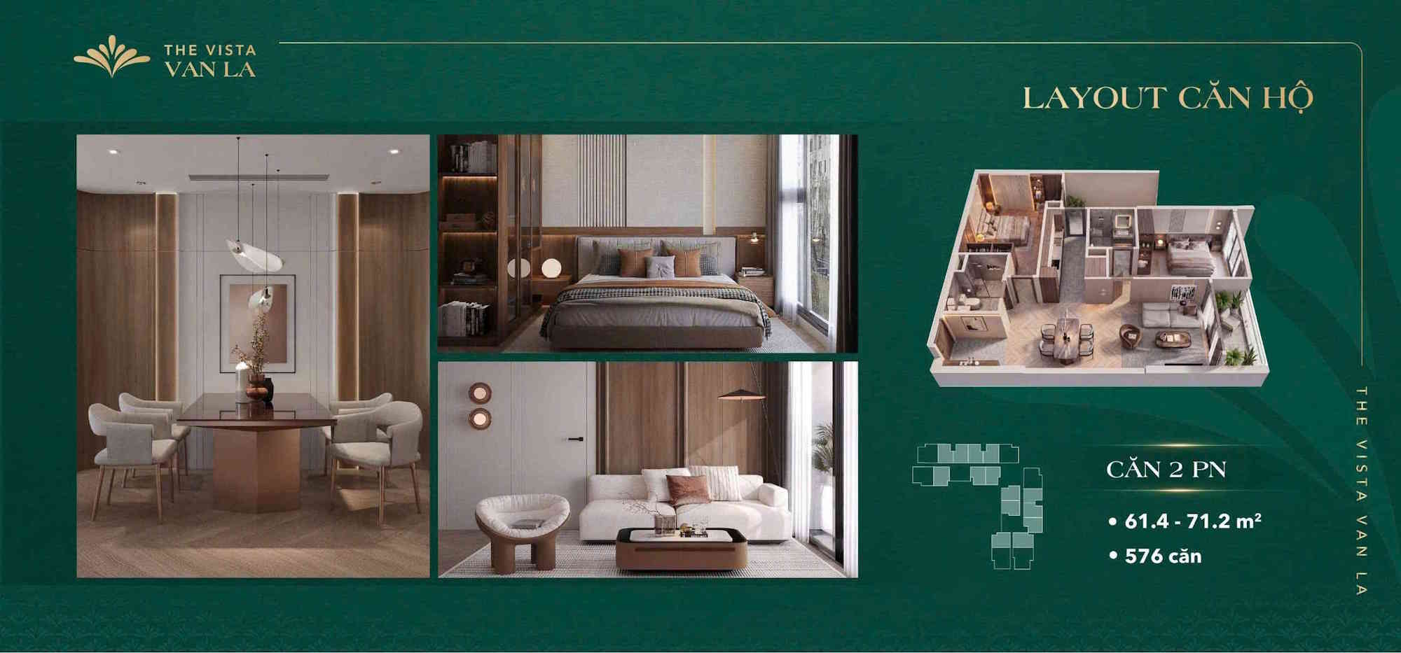Thiết kế căn 2PN The Vista Văn La Phối cảnh 3D layout căn hộ 2 phòng ngủ diện tích 61.4m2 đến 71.2m2 The Vista Văn La Hà Đông