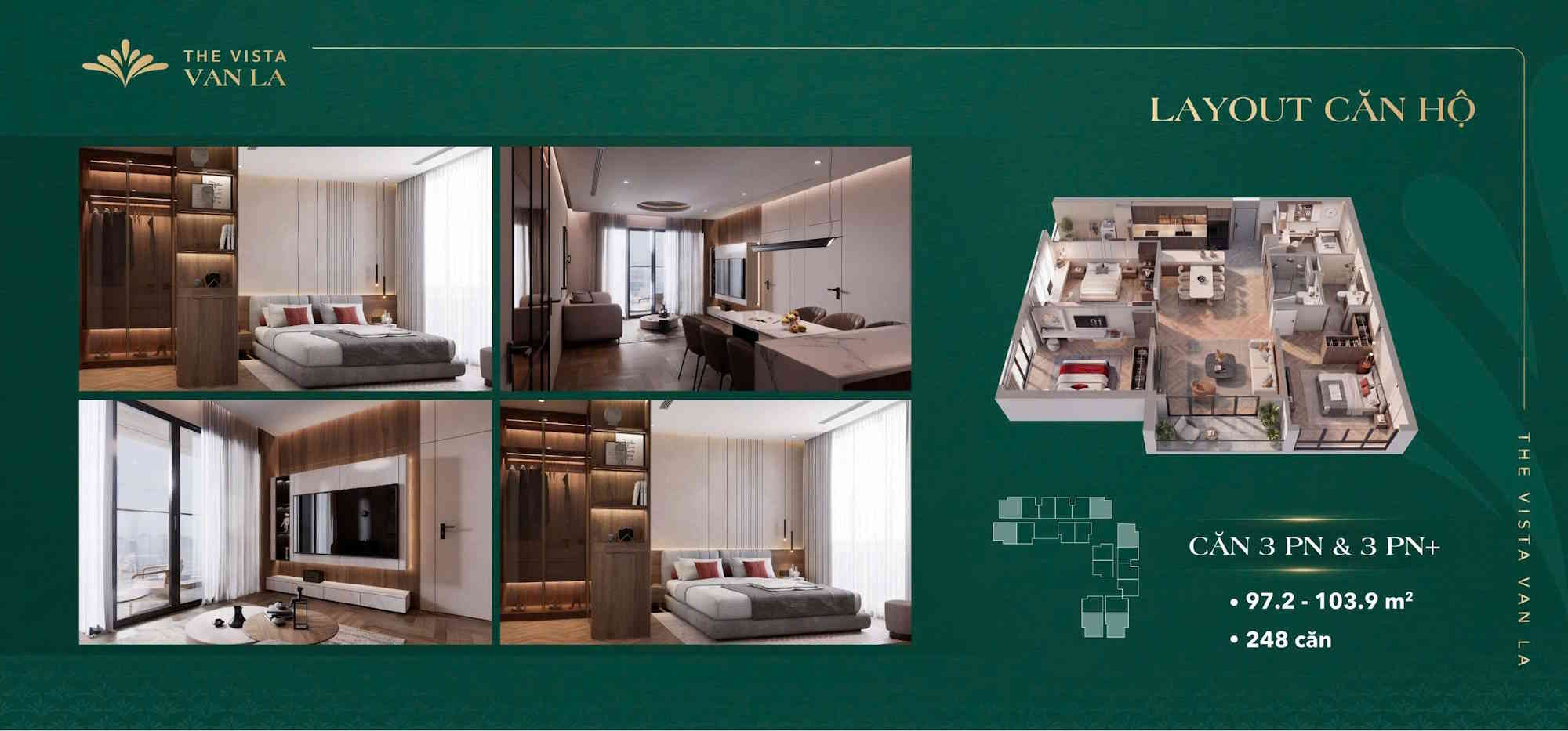 Layout căn hộ 3PN & 3PN+ The Vista Văn La Thiết kế chi tiết căn hộ 3 phòng ngủ và không gian đa năng 3PN cộng tại The Vista Văn La