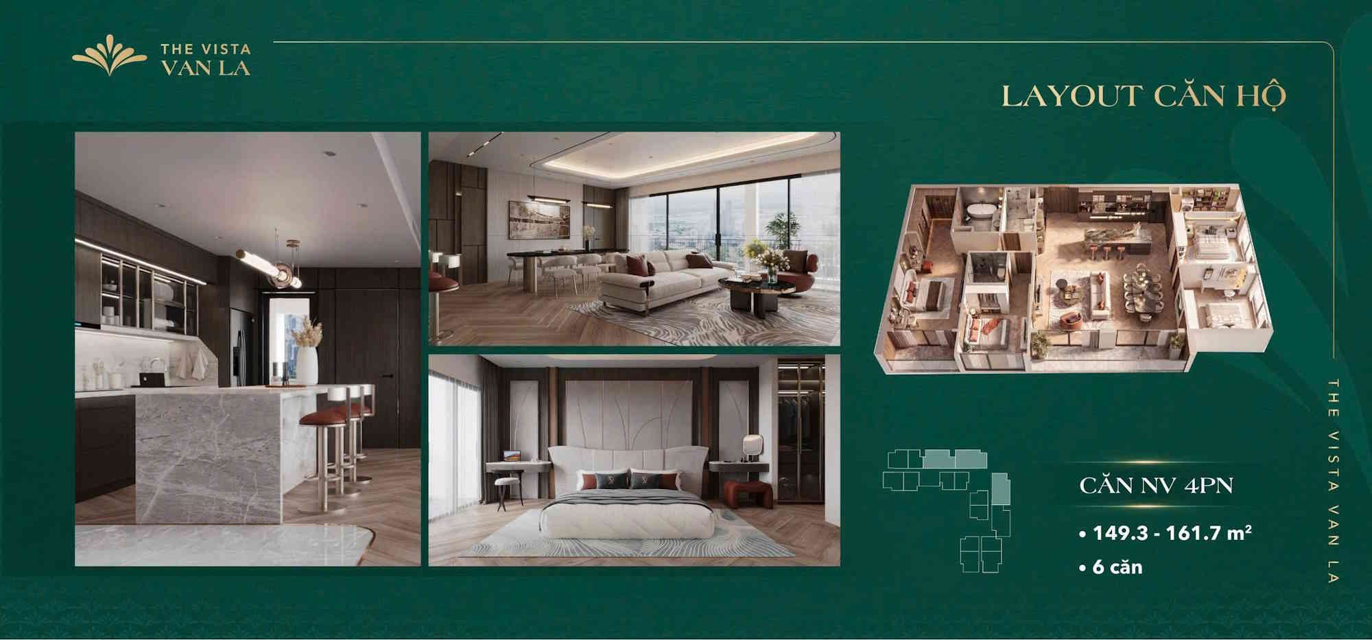 Thiết kế căn hộ 4PN cao cấp The Vista Văn La Layout 3D căn hộ hạng sang NV 4 phòng ngủ diện tích 161.7m2 tại tầng 25 The Vista Văn La
